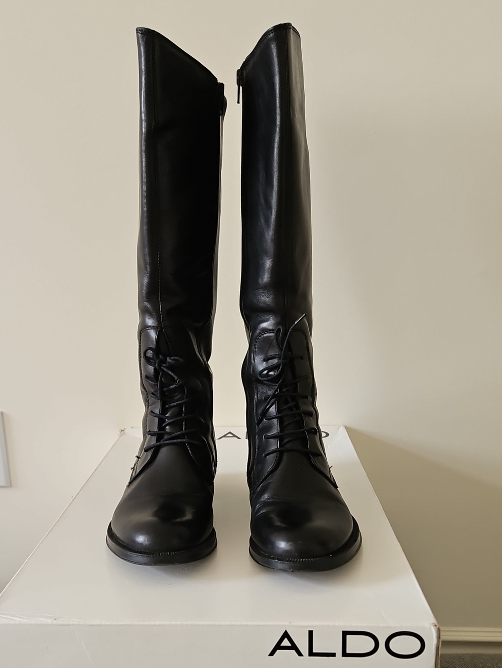 Aldo Black Knee High Lace-Up Genuine Leather Boots Size 37
